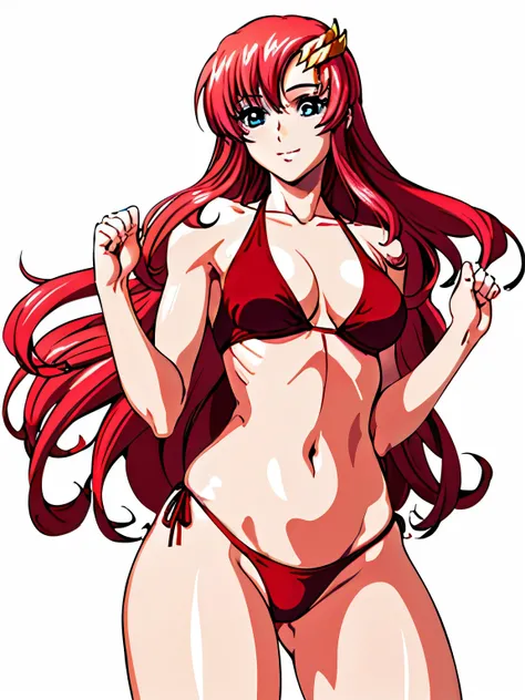 lacus4, (red bikini, running, thong, thin girl, masterpiece, cowboy shot, very slim shoulders, 4K, Best Quality, Anime style: 1.9, happy, Adult Woman, (ultra detailed head), (Drawing lines, high resolution, lacus4), 1girl, Solo, curvy figure, Long hair, cl...