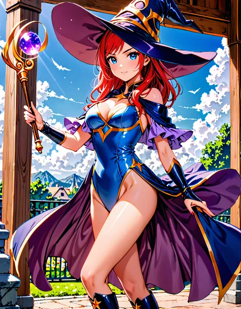 1girl, high school student, superhero, holding wand, superhero sorceress witch, sky witch, leotard, blue leotard with white accents, bare legs, blue thigh-highs, red high heels, witch hat, red hair, long hair, blue eyes, beautiful detailed eyes, beautiful ...