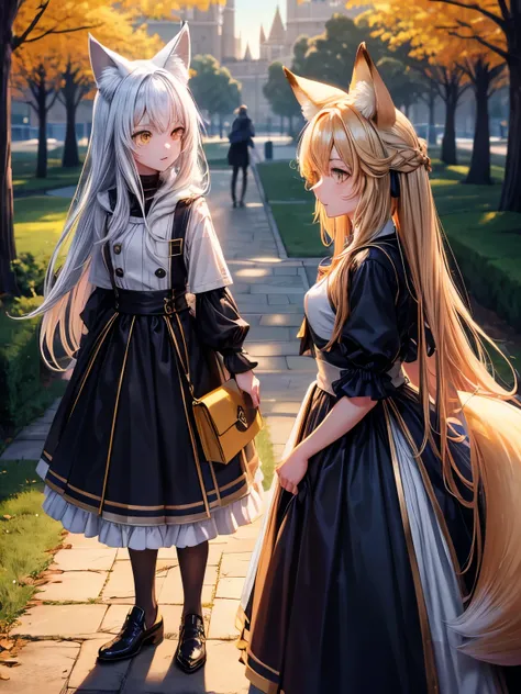 2people,Girls and boys, different hairstyles, different hair colors, fantasy clothes, yellow eyes, fox ears, fox tail, standing, at night, in the park,close up photo