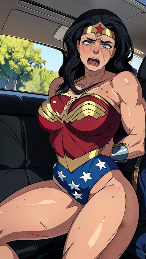 (((SUPERHEROINE WONDER WOMAN esta vestindo calcinha rendada preta, fantasia de empregada domestica, estiletes de salto alto))), ((WONDER WOMAN IS HANDCUFFED IN THE BACK SEAT OF THE POLICE CAR))), ((estuprada, surrada, humilhada, derrotada)) ,((SUPERHEROINE...