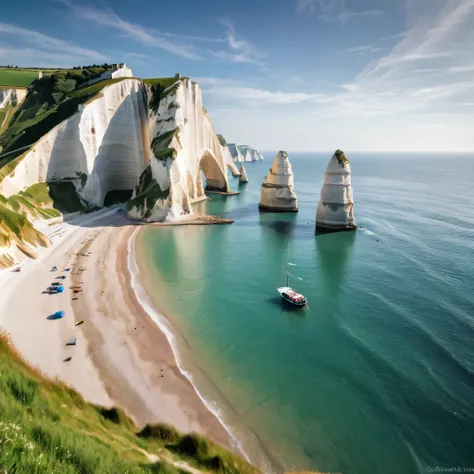 a breathtaking coastal landscape featuring the famous white chalk cliffs of Étretat in Normandy, France. The scene should showcase the towering cliffs with their unique arch formation and the lone needle rock standing tall in the azure waters of the Englis...