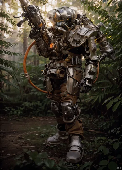 Dieselpunk Soviet soldier robot Fallout style, Robotic head with orange eye, Matte red metallic armor, Red with matte brown details, Tubes and cables, He carries an image of a laser weapon, he is in a hyper-realistic Jungle on fire, Jungle town, Fire, smok...