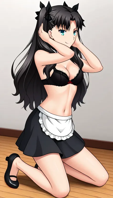 (masterpiece), best quality, expressive eyes, ultra detailed, intricate details, 1girl, aqua eyes, black hair, long hair, black ribbons, sidelocks, parted bangs, rin tohsaka, black hair ribbons, two side up, wearing black bra, with maid skirt, posing, blac...