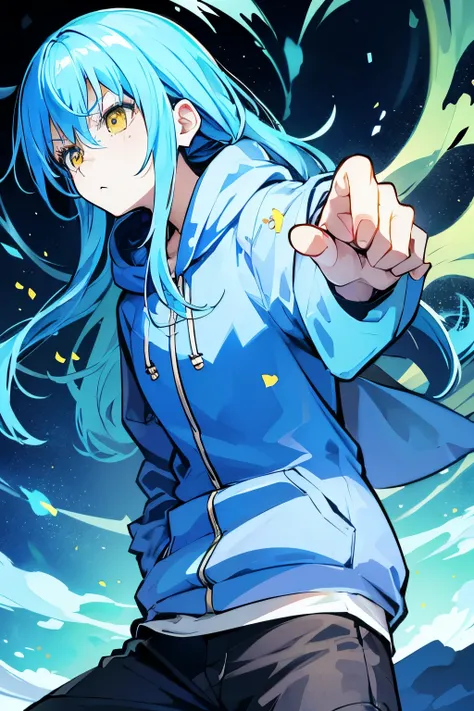 rimuru tempest, blue hair, yellow eyes, long hair, blue hoodie, hands in pocket, angry