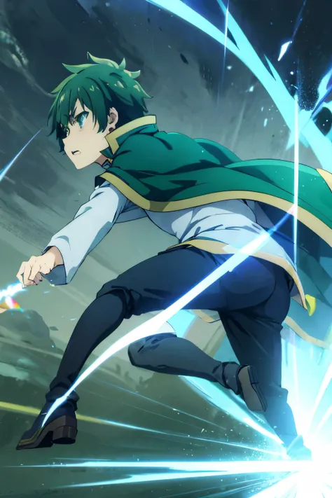 kazuma satou, green eyes, green cape, capelet, boots, black pant, angry, running, sideview