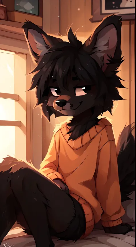 ((by reysi)), Best quality, Super detailed illustration, Warm colors, Ideal lighting, (Fluffy dog boy:1.6), (black fur:1.5), disheveled thick hair, short shorts, long black stockings, black long sleeve sweater, in a cosy room, smug smile, tricky glance ,...