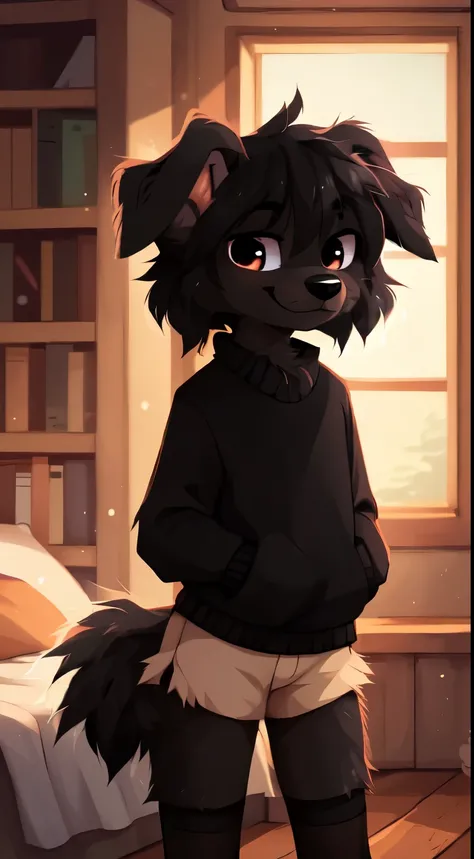  ((by reysi)),  Best quality, Super detailed illustration, Warm colors, Ideal lighting, (Fluffy dog boy:1.6), (black fur:1.5), disheveled thick hair, short shorts, long black stockings, black long sleeve sweater, in a cosy room, smug smile, tricky glance ,...