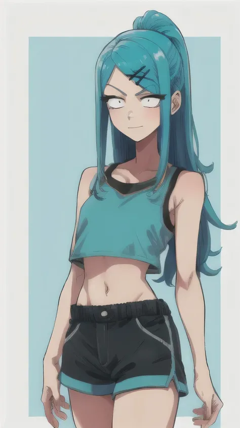 1 girl, blue hair, Drill hair, gwen (League of Legends), in dolphin shorts and crop top, hair ornament, Legends, long hair, X, X hair ornament, 