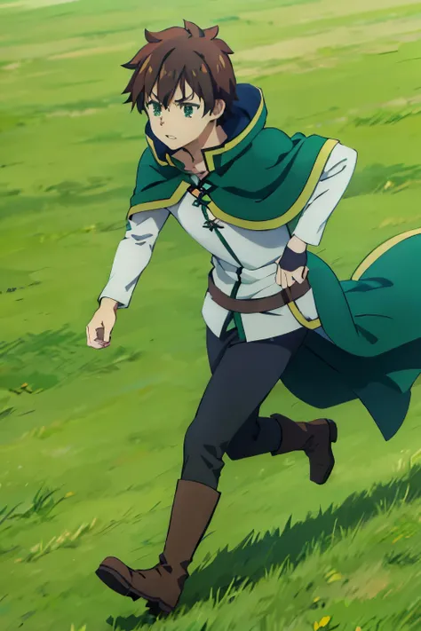 Kazuma Satou, brown hair, green eyes, green cape, capelet, boots, black pant, angry, running in grass field, sideview