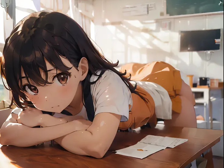 classroom、on the desk、a cute light orange bra、a cute white thong showing through a cute light orange mini skirt、barefoot、raw mil...