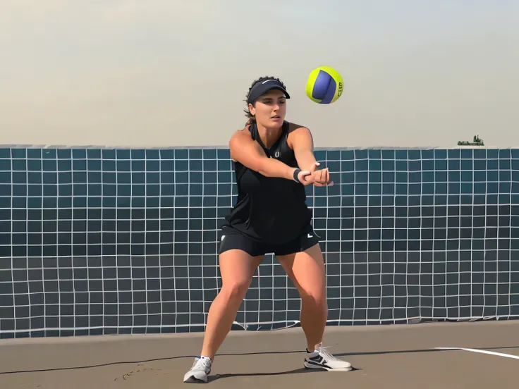 woman in black shirt and shorts playing with tennis balls on a court, volleyball, in an action pose, malika favre, half-body shot, half - body shot, holding a ball, female beach volley player, in water! up to shoulders, sanja stikovic, triumphant pose, car...