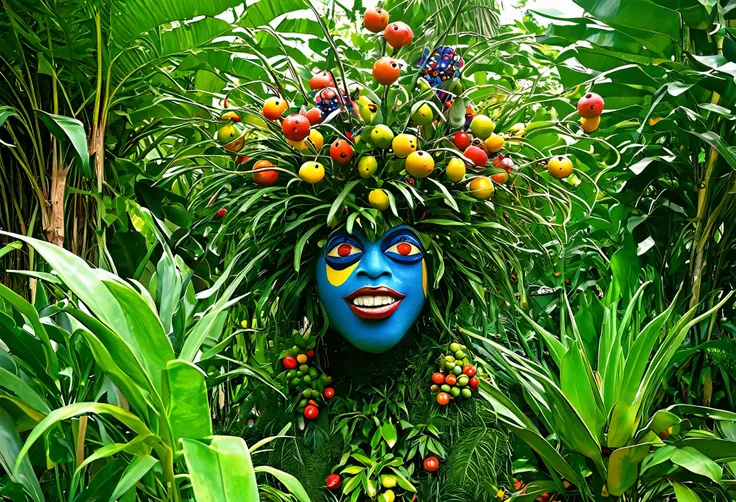 Anthropomorphic forest spirit in a garden full with uncanny plants imbued with sentience, with guarana type fruits looking like eyes, surrounded by colourful representations of m-RNA in a Brazilian Carnaval vibe full of scientific sophistication.