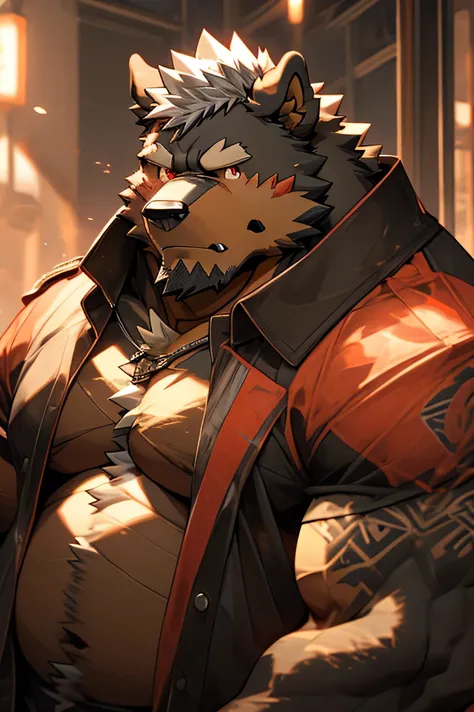 Man, alone, trench coat (black), shoulder pad with scales (red scales), tactical face mask, kemono, from the front, barazoku, hairy dog ​​(rottweiler breed), hairy, muscular body, fat (fat, fat), beard thick, red eyes, faded haircut, silver hair color, lef...