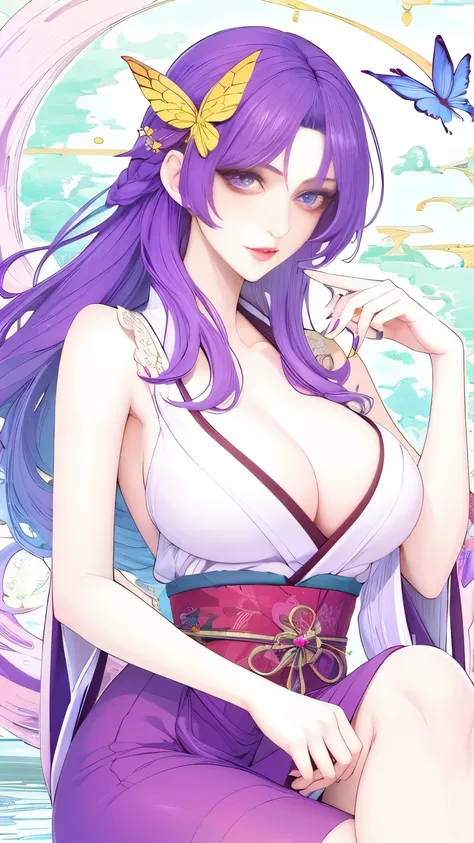 (masterpiece, best quality:1.2), 1girl, solo,mature_lady, delicate face,detail eyes,long hair, floating hair,medium breasts,floating clothes,,Kochou Shinobu, Decorate your hair with a butterfly, violet eyes, multi-colored hair, Short hair, Parted bangs, Ja...