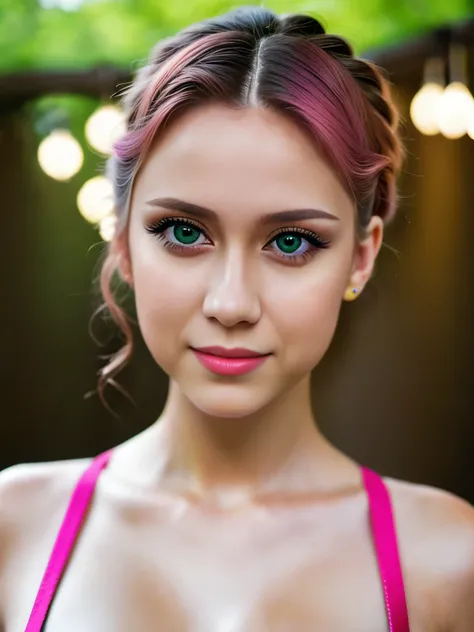 Photo of Ukrainian woman. Fits the face. 25 years old, sharp chin, raw photo, masterpiece, highly detailed photo, DSLR, photorealistic 3.9, ultra high resolution, top quality, pink lips, perfect makeup, big, bright green eyes, white