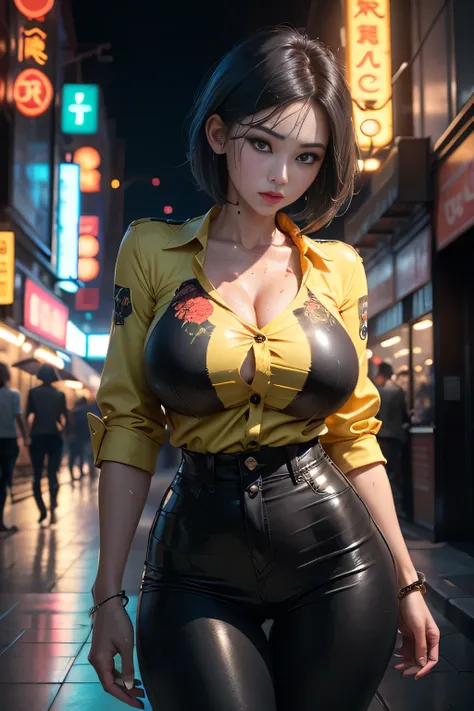 sfw, Outdoors, black mature woman, wearing yellow and red floral shirt, wearing black dress pants, blue eyes, glowing eyes, short hair, grey skin, club environment, night, blue neon signs, 8k, Unreal engine, highly detailed, photorealistic, wet clothes, dr...