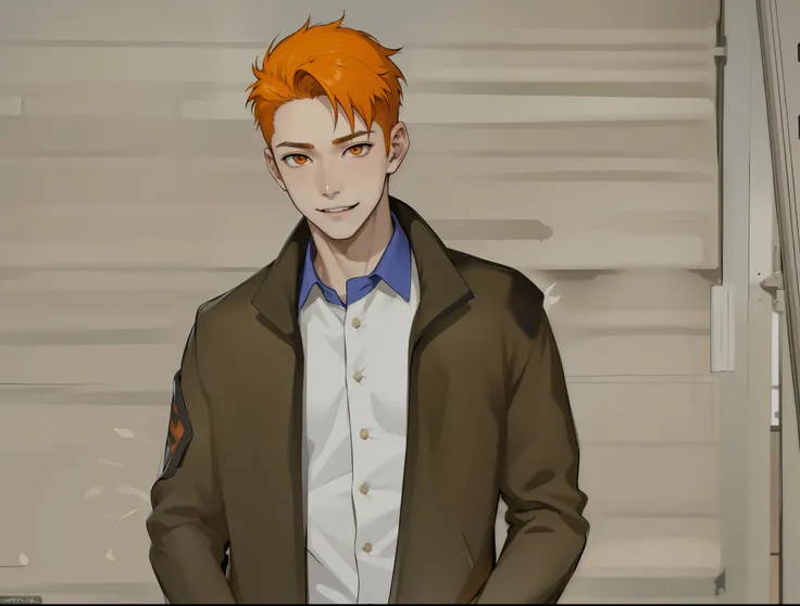 (estilo anime 2d plano) He is talking to someone, opens his mouth, cute 17 year old boy, shy smile, orange eyes, orange hair, has a scar on his face.