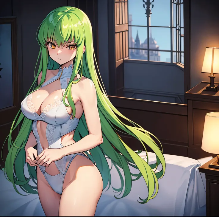 1 girl, alone, c.c., expressionless, frowning, (masterpiece, best quality, ultra detailed, best shadow, volumetric lighting), (beautiful detailed face, beautiful detailed eyes), (best lighting), orange eyes, long hair, green hair, (white lingerie with whit...