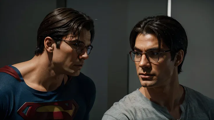 Create an image of Clark Kent and Superman facing each other, looking eye to eye. Clark Kent should be in his regular office outfit with glasses, while Superman is in his classic superhero uniform. Focus on the profile of their faces with a neutral backgro...