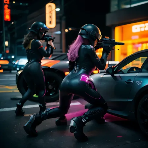 2girls, full body, futuristic bodysuit with helmet, armorsuit, matte black, glowing magenta lines, featureless helmet,  combat poses, kneeling, futuristic rifle, pistol, firing over car, from behind, photography, intricate detail, intricately detailed, hyp...