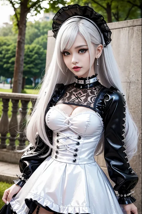 sexy stylish Thai model, only 1 female, ((doll-like appearance)), long dramatic platinum blonde stylish hair, ((shiny Punk-Style boots)), (big smile), ultra detailed eyes, Punk makeup, lipgloss, ((sexy Punk Lolita cosplay)), unconventional skirt, petticoat...