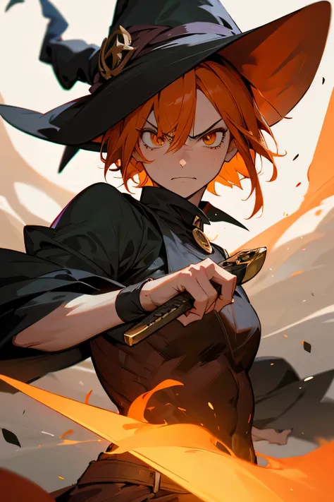 muscular angry witch with orange short hair perfect face sword