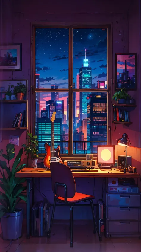 a guitar sitting on a desk in front of a window, night city background, city background, night time city background, hd anime cityscape, night - time city background, the cyberpunk apartment, night background, city sunset night, personal room background, c...