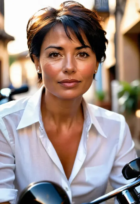 A detailed portrait, a 45 year old lady, round face, short black hair, with striking features. She has piercing brown eyes, a strong chin, and well-styled brown hair. She is wearing a crisp white shirt, with the top button unbuttoned, giving her a casual y...