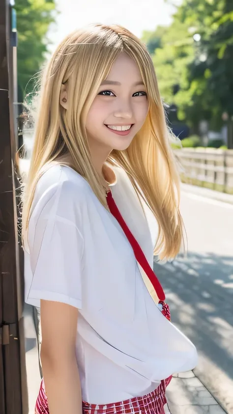 Japanese、18-year-old、Very slim、((Smiling))、Summer clothing、Blonde