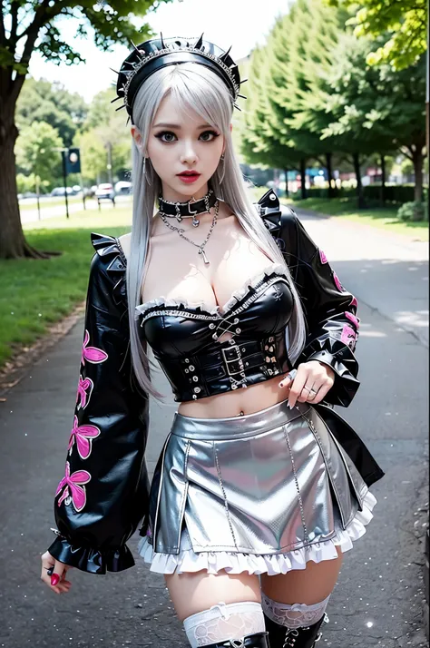 (nsfw), sexy stylish female model, only 1 female, ((doll-like appearance)), long colorful stylish hair, ((shiny Punk-Style boots)), (big smile), ultra detailed eyes, Punk makeup, lipgloss, ((sexy Punk Lolita cosplay)), unconventional skirt, petticoats, hig...