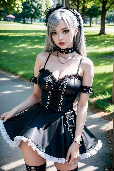 (nsfw), sexy stylish female model, only 1 female, ((doll-like appearance)), long colorful stylish hair, ((shiny Punk-Style boots)), (big smile), ultra detailed eyes, Punk makeup, lipgloss, ((sexy Punk Lolita cosplay)), unconventional skirt, petticoats, hig...