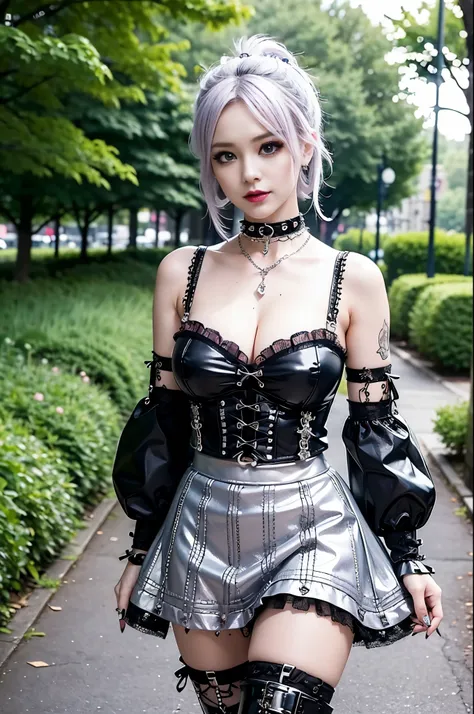 (nsfw), sexy stylish Swedish model, only 1 female, ((doll-like appearance)), short purple stylish hair, ((shiny Punk-Style boots)), (big smile), ultra detailed eyes, Punk makeup, lipgloss, ((sexy Punk Lolita cosplay)), unconventional skirt, petticoats, hig...