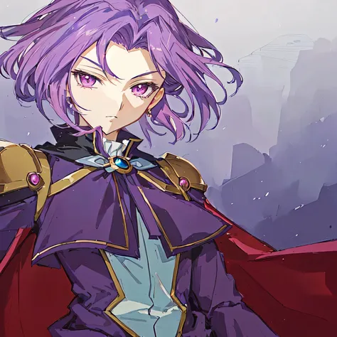 a man with purple hair and pink highlights and a cape is standing in front of a wall, portrait of an anime hero, Code Geass, retrato, caballeros del zodiaco, , estilo anime como el destino/Estancia de noche, anime in fantasy style, personaje animado, Misat...