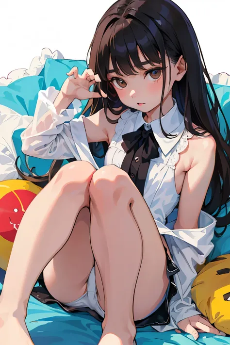 (child)，highest quality，Beautiful face in every detail，cute，Dark brown eyes，(背の低いcute女の子，Small young student，Young delicate girl）,（masterpiece，Top quality)，Black Hair，Sleepy expression，Sleeveless，(White shorts)，Crouching