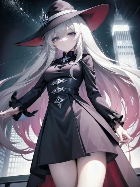 This is the rooftop of the tallest building in Tokyo.、You can look down on the city buildings from here.、Its night now、Woman wearing a large black witch hat with sapphire accessories、Wearing a black long coat、she is wearing a blazer uniform、she is wearing ...