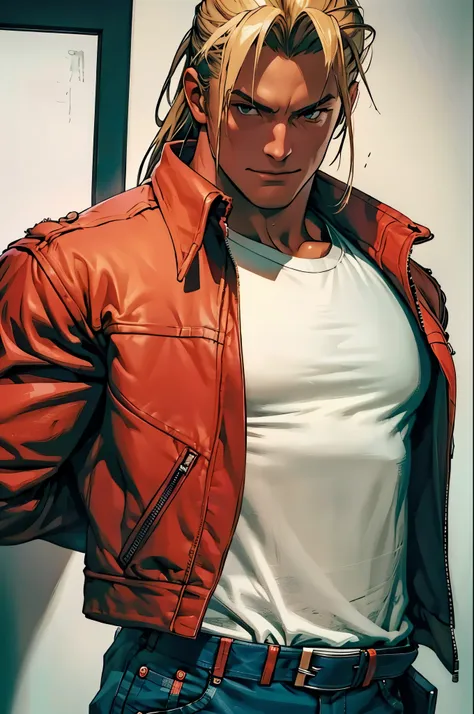 obra de arte, melhor qualidade, ultra detalhado, detalhe fino terry bogard, camisa branca, colete vermelho, cinto preto, jeans a...