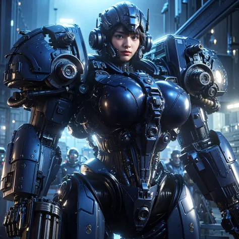 (extremely intricate all details)、(extremely realistic all Texture) 、glossy Texture、Navy blue heavy mechanical armor resembling a pillbug, designed by Hajime Katoki、1 person、Beautiful female soldier、Multi-legged、Heavyweight、Heavy Armor、Firearms、Ultra-reali...