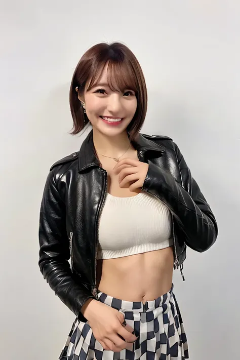 Brown Hair、short hair、With bangs、smile、The body is slim、Black leather jacket(White inner sports bra)、Checkered pleated skirt、Knee-high boots、In front of a white background