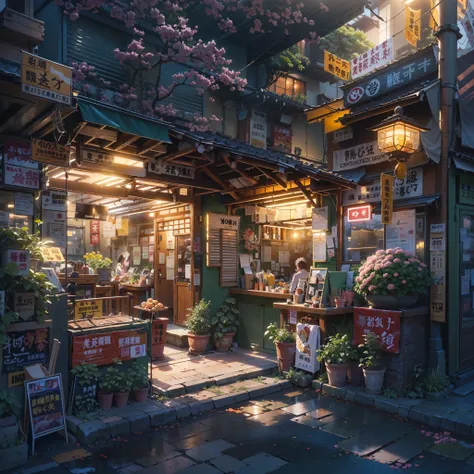 japanese restaurant in a compact alleyway, front-view, sunrise, trees, multicolored flowers, greenery, saturated,top rated on pixiv, realistic anime style at pixiv, restaurant, anime scenery, ( ( ( yoshinari yoh ) ) ), pixiv frontpage, at pixiv, by Torii K...