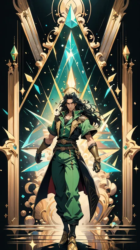 A middle-aged man with long black hair, a metal forehead protector, large triangular eyes, square stubble, a long face, a dignified expression, a tall physique, a luxurious fantasy-style coat adorned with golden patterns and a green crystal in the center, ...