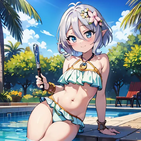 ((masterpiece)), ((best quality)), (ultra-detailed), anime style, pool, a cute girl, 1girl, solo, ((beautiful eyes)), smile, bikini00,