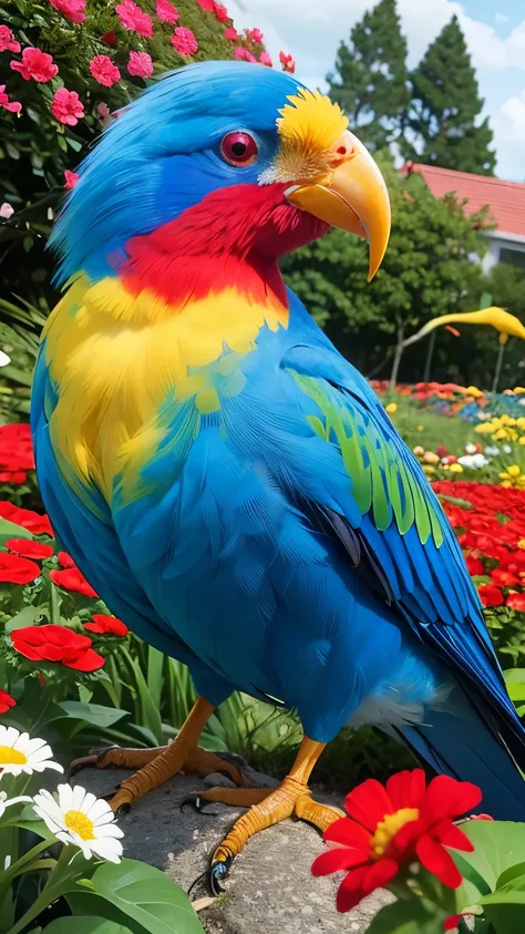 the most beautifull red, blue ,yellow bird in the world, 8k in nature flowers garden