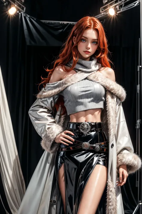 One single woman with long orange and red hair , ( long wavy hair) lore_Emma , (((empty studio background))), blue eyes , dark eyeliner, light smile, alluring look, gorgeous face , super cute, 18 years old , hyper detailed face, (slim figure , large breast...