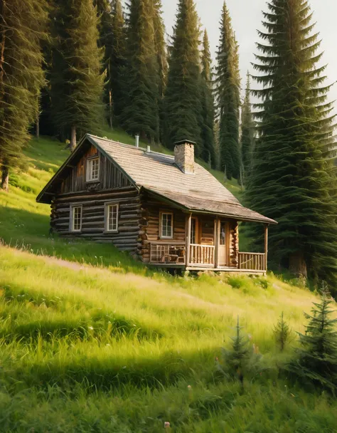 a rustic wooden cabin with a slanted roof, situated on a grassy hillside. The cabin is old and weathered, with a mix of wooden planks and a tin roof, showing signs of age and exposure to the elements. A person wearing a hat and green jacket sits on the gra...