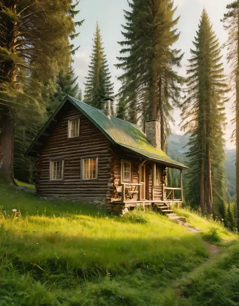 a rustic wooden cabin with a slanted roof, situated on a grassy hillside. The cabin is old and weathered, with a mix of wooden planks and a tin roof, showing signs of age and exposure to the elements. A person wearing a hat and green jacket sits on the gra...