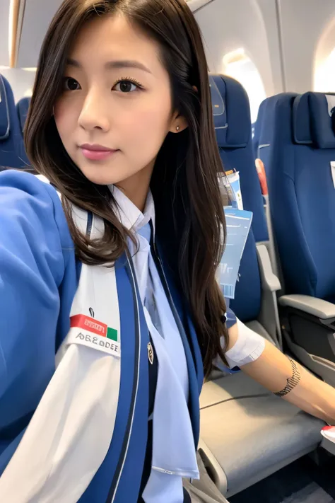 CA is in a sexy position、(A flight attendant&#39;s sexy outfit that accentuates her tight body lines、Small area)、Very beautiful Japanese gravure idol、Baby Face、Very stylish、She has very long legs like a Korean idol.、((Very big boobs))、(Randomly anywhere on...