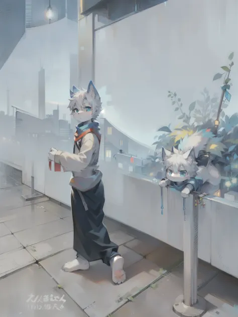 Anime characters in front of the city skyline, advanced digital chibi art, anime stylization, anthropomorphic cyberpunk cat, trigger anime art style, epic anime style, anime style 4 K, Japanese ninja costume, 8K, furry, furry male, white fur, a white cat t...