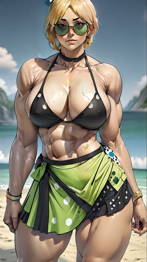  toned skin, muscular, wide shoulder, (((wearing a sunglasses))), ((perfect thighs)), (((polkadot bikini))), photorealistic, ((cleavage)), masterpiece, (((wrap skirt))), beach background