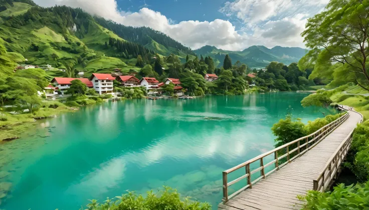 a serene landscape featuring a vibrant turquoise lake surrounded by lush greenery and rolling hills. A gentle waterfall cascades into the lake on the left side of the image. A wooden pedestrian bridge crosses the lake, bustling with people enjoying the sce...