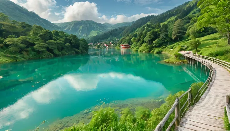 a serene landscape featuring a vibrant turquoise lake surrounded by lush greenery and rolling hills. A gentle waterfall cascades into the lake on the left side of the image. A wooden pedestrian bridge crosses the lake, bustling with people enjoying the sce...